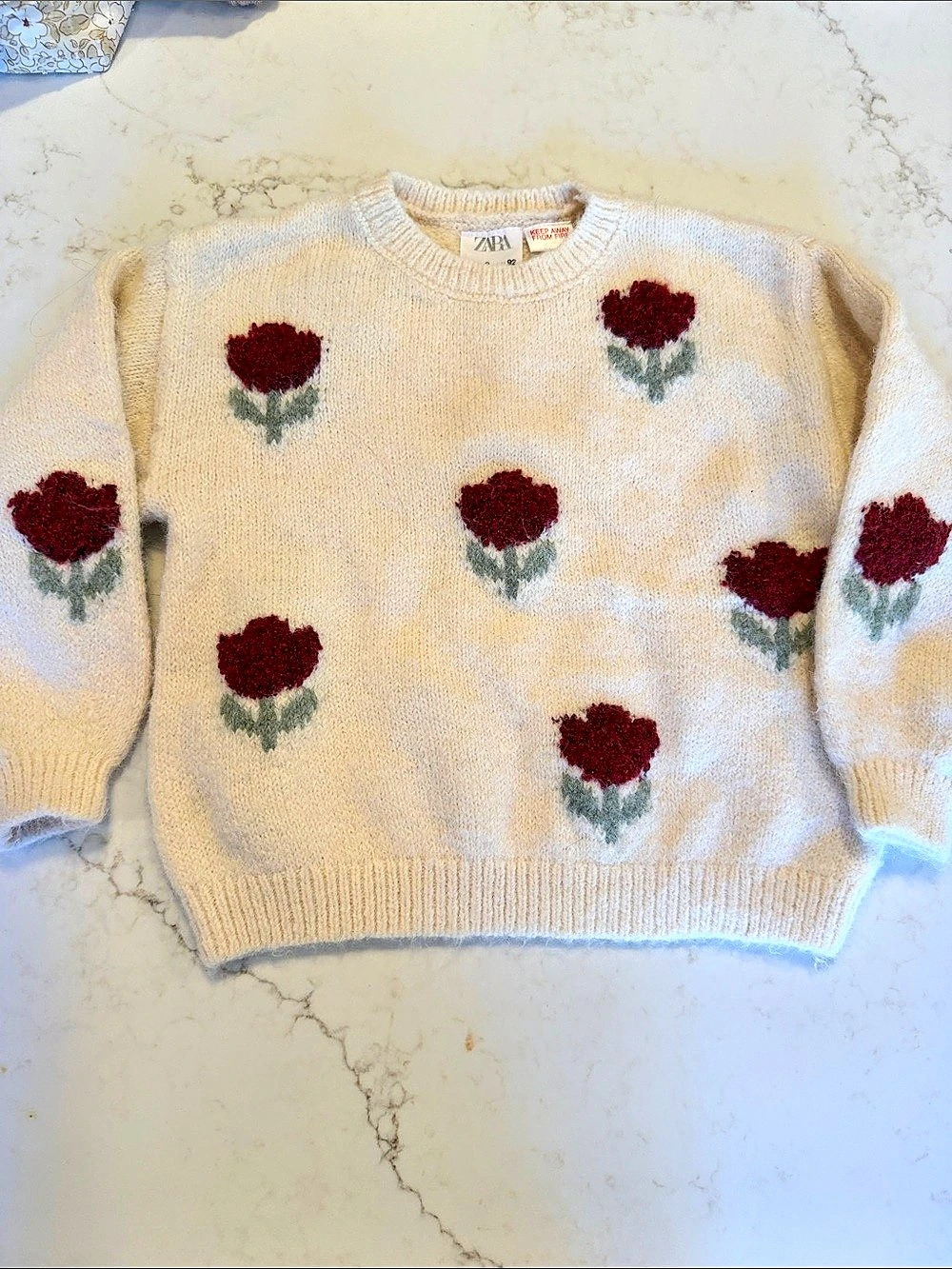 Zara Floral Sweater in Cream with red embroidered Flower Detail Size 2Y (92)